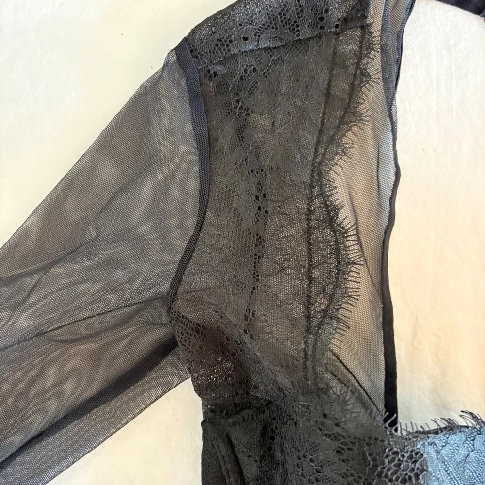 Victoria's Secret NEW Black Mesh & Lace Long Sleeve Corset Thong‎ Bodysuit 34B